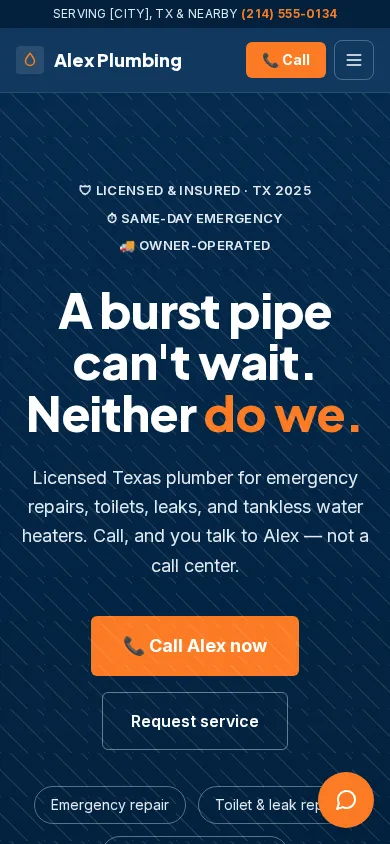 Alex Plumbing 示范站手机首屏